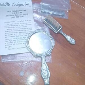 Perth Pewter Miniature Vanity Set Mirror 4 Inches Comb 2 Inches Brush 3 Inches